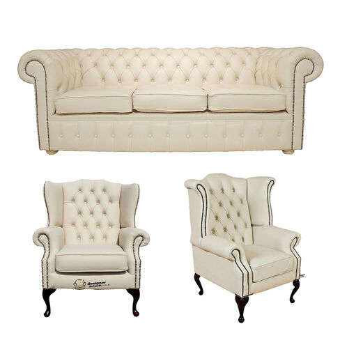 Chesterfield 3 Seater Sofa + 1 x Mallory Wing Chair + 1 x Queen Anne Wing Chair Leather Sofa Suite Offer Cottonseed Cream