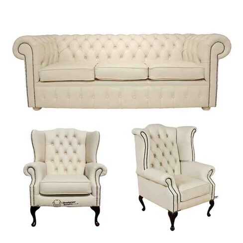 Chesterfield 3 Seater Sofa + 1 x Mallory Wing Chair + 1 x Queen Anne Wing Chair Leather Sofa Suite Offer Ivory