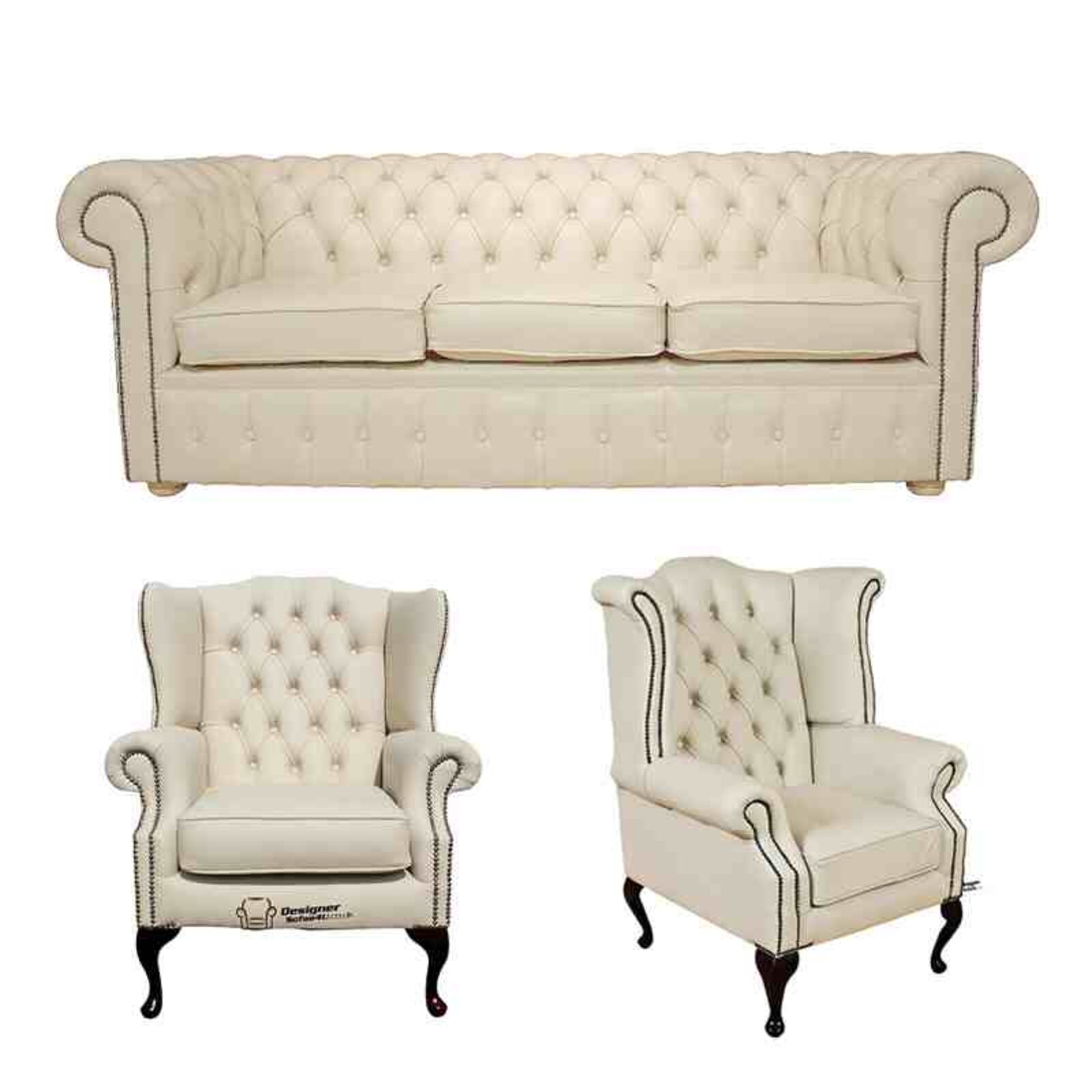 Product photograph of Chesterfield 3 Seater Sofa 1 X Mallory Wing Chair 1 X Queen Anne Wing Chair Leather Sofa Suite Offer Ivory from Designer Sofas 4U