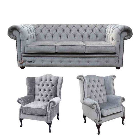 Chesterfield 3 Seater Sofa + 1 x  Mallory Wing Chair + 1 x Queen Anne Wing Chair Harmony Dusk Velvet Sofa Suite Offer