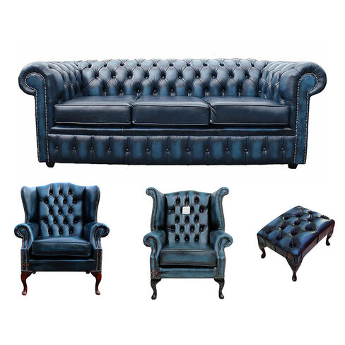 Chesterfield 3 Seater Sofa + 1 x Mallory Wing Chair + 1 x Queen Anne Wing Chair+footstool Leather Sofa Suite Offer Antique Blue