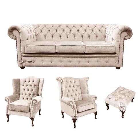 Chesterfield 3 Seater Sofa + 1 x  Mallory Wing Chair + 1 x Queen Anne Wing Chair + Footstool Harmony Ivory Velvet Sofa Suite Offer