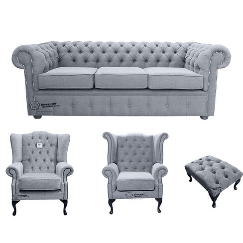 Chesterfield 3 Seater Sofa + 1 x  Mallory Wing Chair + 1 x Queen Anne Wing Chair + Footstool Verity Plain Steel Fabric Sofa Suite Offer