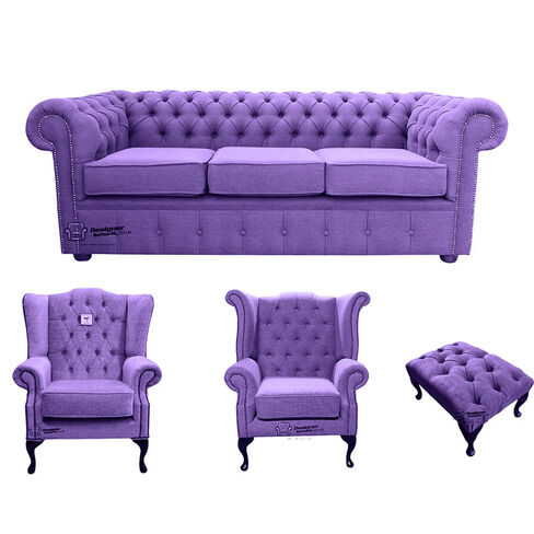 Chesterfield 3 Seater Sofa + 1 x  Mallory Wing Chair + 1 x Queen Anne Wing Chair + Footstool Verity Purple Fabric Sofa Suite Offer