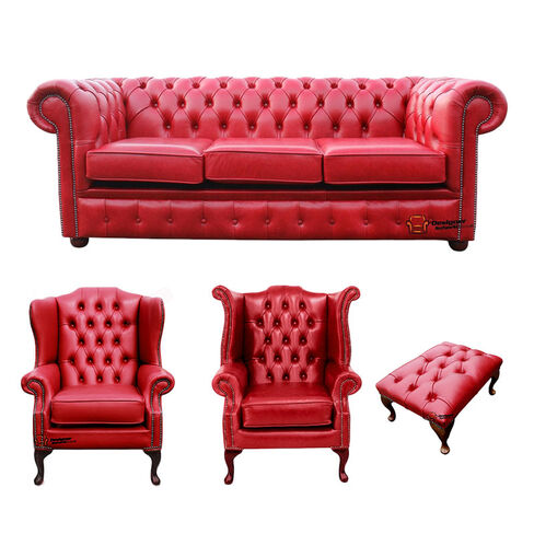 Chesterfield 3 Seater Sofa + 1 x Mallory Wing Chair + 1 x Queen Anne Chair + Footstool Old English Gamay Red Leather Sofa Offer