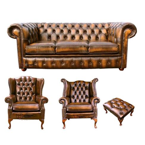 Chesterfield 3 Seater Sofa + 1 x Mallory Wing Chair + 1 x Queen Anne Wing Chair+Footstool Leather Sofa Suite Offer Antique Gold