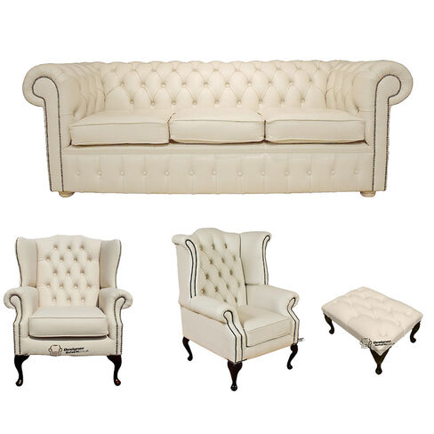 Chesterfield 3 Seater Sofa + 1 x Mallory Wing Chair + 1 x Queen Anne Wing Chair+Footstool Leather Sofa Suite Offer Cottonseed Cream