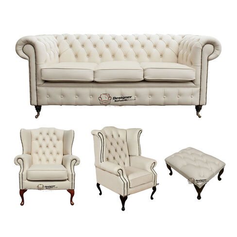 Chesterfield 3 Seater Sofa + 1 x Mallory Wing Chair + 1 x Queen Anne Wing Chair+footstool Leather Sofa Suite Offer Ivory