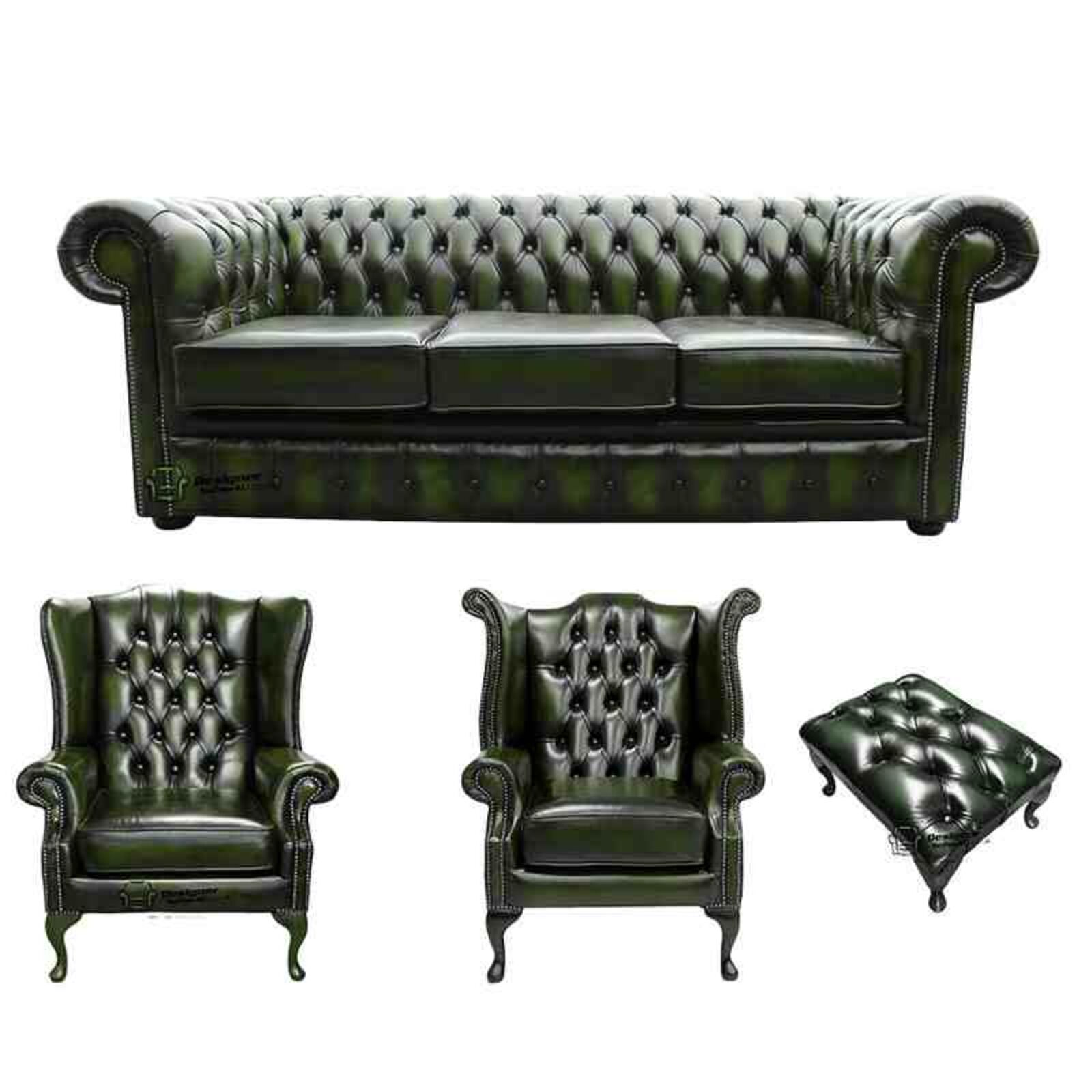 Product photograph of Chesterfield 3 Seater Sofa 1 X Mallory Wing Chair 1 X Queen Anne Wing Chair Footstool Leather Sofa Suite Offer Antique Green from Designer Sofas 4U