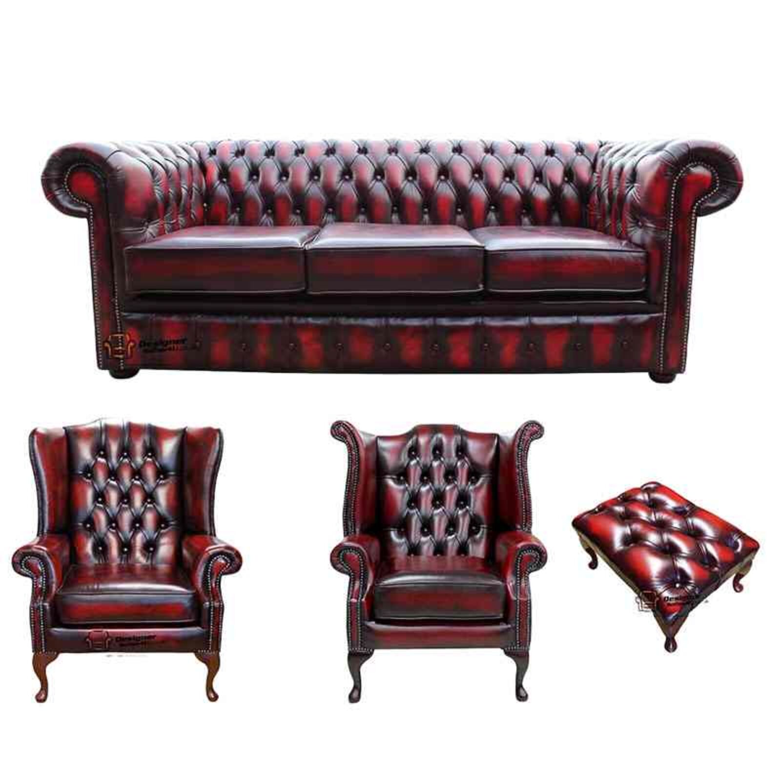 Product photograph of Chesterfield 3 Seater Sofa 1 X Mallory Wing Chair 1 X Queen Anne Wing Chair Footstool Leather Sofa Suite Offer Antique Oxblood from Designer Sofas 4U