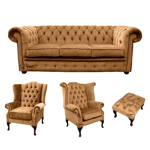 Chesterfield 3 Seater Sofa + 1 x  Mallory Wing Chair + 1 x Queen Anne Wing Chair + Footstool Harmony Gold Velvet Sofa Suite Offer