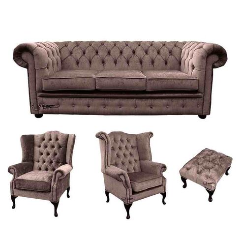 Chesterfield 3 Seater Sofa + 1 x  Mallory Wing Chair + 1 x Queen Anne Wing Chair + Footstool Harmony Charcoal Velvet Sofa Suite Offer