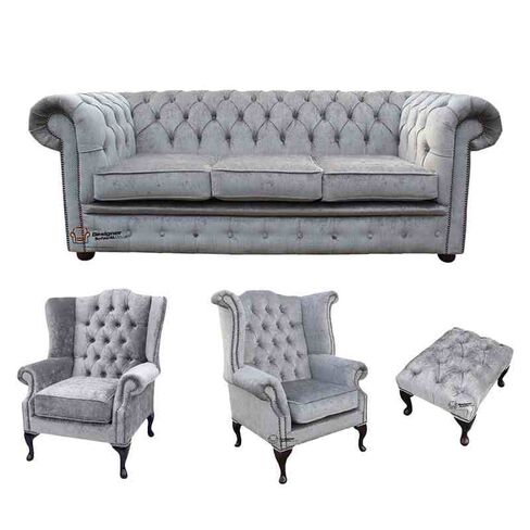 Chesterfield 3 Seater Sofa + 1 x  Mallory Wing Chair + 1 x Queen Anne Wing Chair + Footstool Harmony Dusk Velvet Sofa Suite Offer
