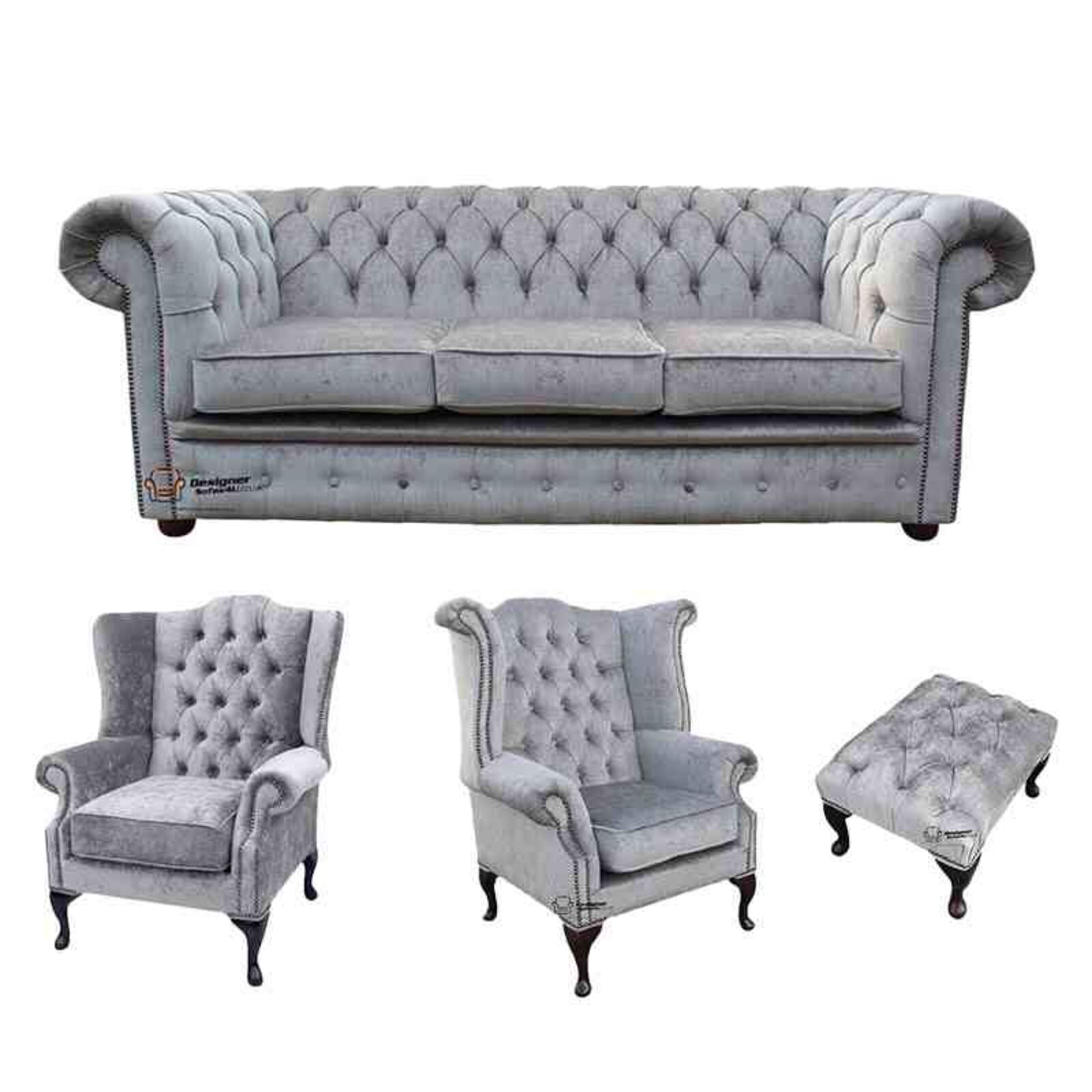 Product photograph of Chesterfield 3 Seater Sofa 1 X Mallory Wing Chair 1 X Queen Anne Wing Chair Footstool Harmony Dusk Velvet Sofa Suite Offer from Designer Sofas 4U