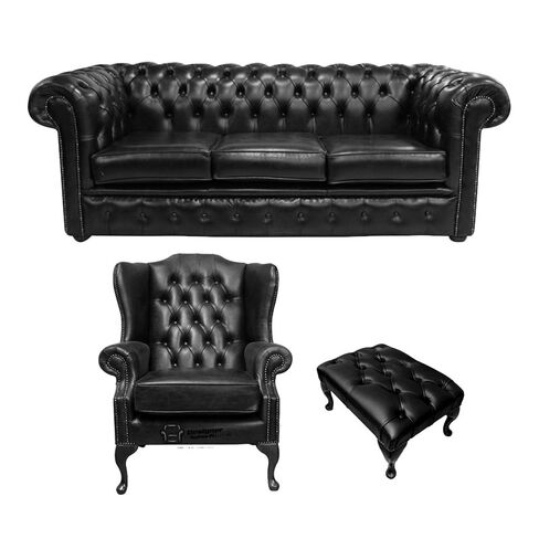 Chesterfield 3 Seater Sofa + Mallory Wing Chair + Footstool Old English Black Leather Sofa Offer