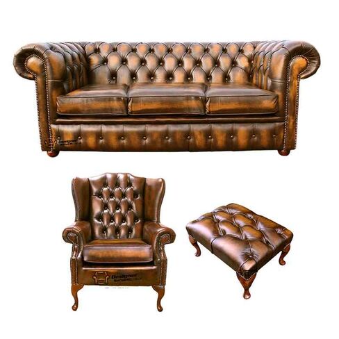 Chesterfield 3 Seater Sofa + Mallory Wing Chair + Footstool Leather Sofa Suite Offer Antique Gold