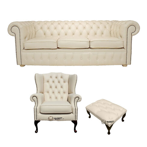Chesterfield 3 Seater Sofa + Mallory Wing Chair + Footstool Leather Sofa Suite Offer Cottonseed Cream