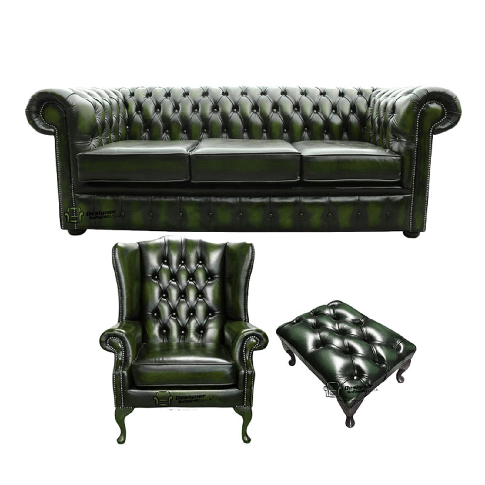 Product photograph of Chesterfield 3 Seater Sofa Mallory Wing Chair Footstool Leather Sofa Suite Offer Antique Green from Designer Sofas 4U