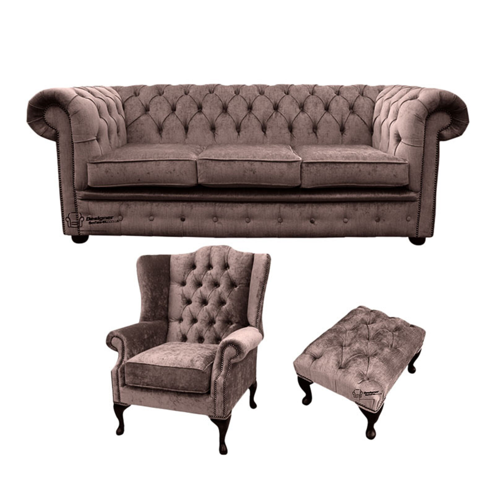 Product photograph of Chesterfield 3 Seater Sofa Mallory Wing Chair Footstool Harmony Charcoal Velvet Sofa Suite Offer from Designer Sofas 4U