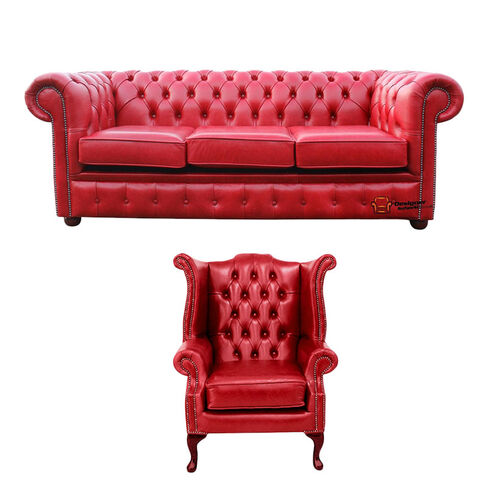 Chesterfield 3 Seater Sofa + Queen Anne Chair Old English Gamay Red Leather Sofa Offer