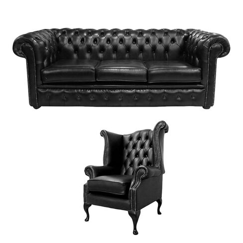 Chesterfield 3 Seater Sofa + Queen Anne Chair Old English Black Leather Sofa Offer