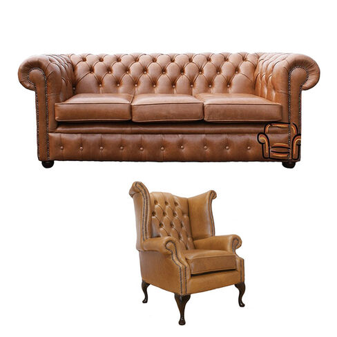 Chesterfield 3 Seater Sofa + Queen Anne Chair Old English Tan Leather Sofa Offer