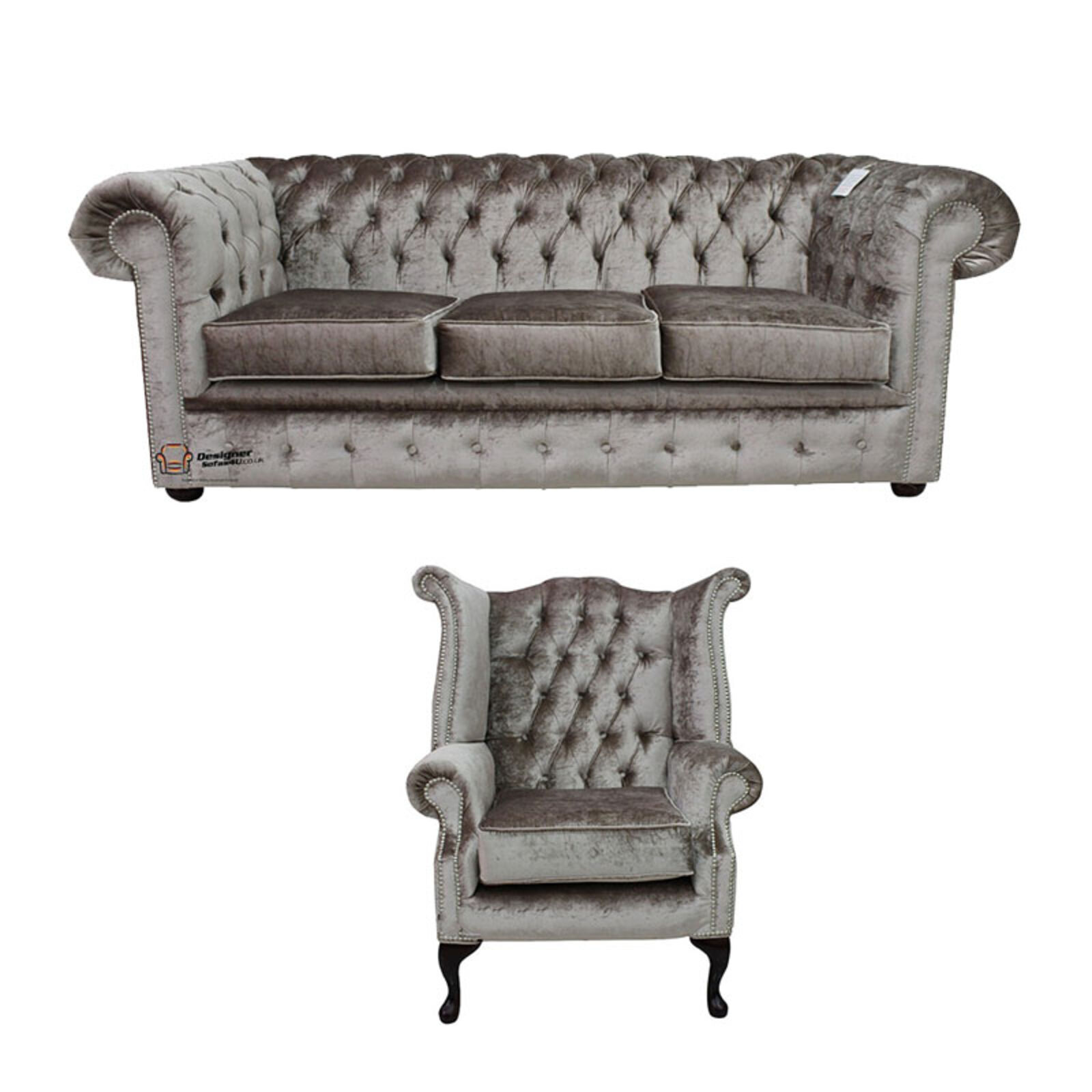 Product photograph of Chesterfield 3 Seater Queen Anne Chair Boutique Beige Velvet Sofa Suite Offer from Designer Sofas 4U