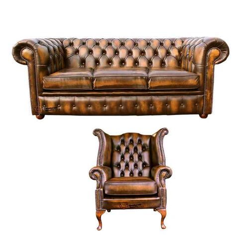 Chesterfield 3 Seater Sofa + Queen Anne Wing Chair Leather Sofa Suite Offer Antique Gold