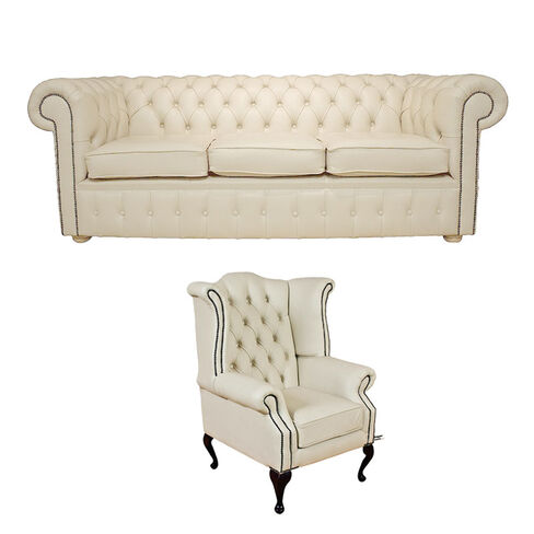 Chesterfield 3 Seater Sofa + Queen Anne Wing Chair Leather Sofa Suite Offer Cottonseed Cream