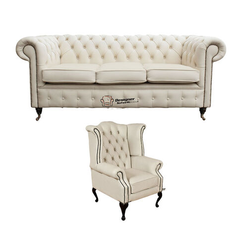 Chesterfield 3 Seater Sofa + Queen Anne Wing Chair Leather Sofa Suite Offer Ivory