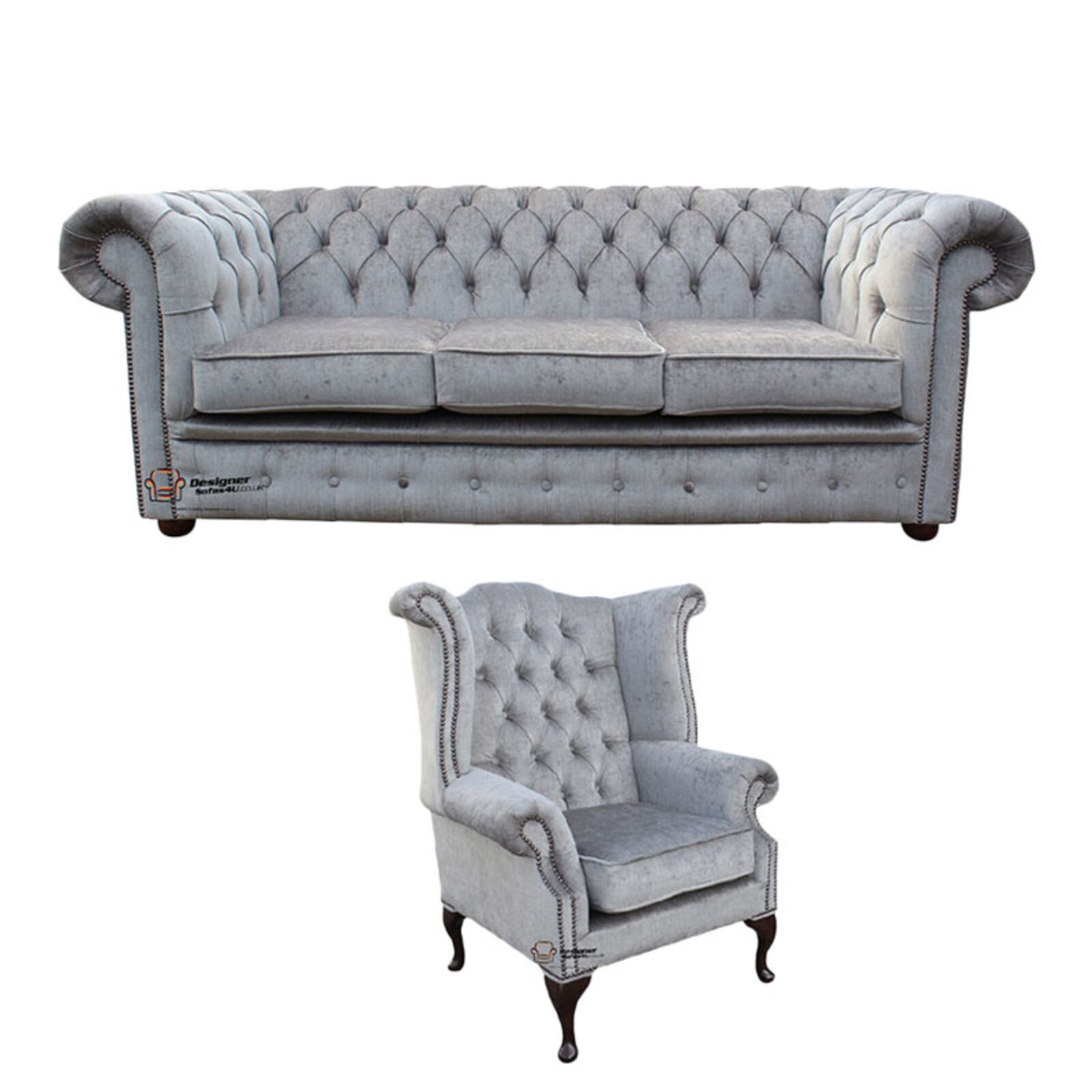 Product photograph of Chesterfield 3 Seater Sofa Queen Anne Wing Chair Perla Illusions Velvet Sofa Suite Offer from Designer Sofas 4U