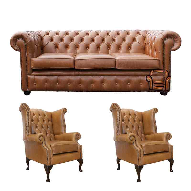 Product photograph of Chesterfield 3 Seater Sofa 2 X Queen Anne Chairs Leather Amp Hellip from Designer Sofas 4U
