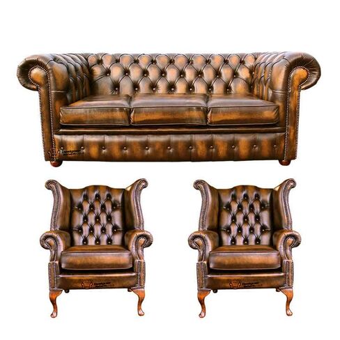 Chesterfield 3 Seater Sofa + 2 x Queen Anne Chairs Leather Sofa Suite Offer Antique Gold