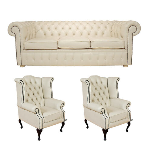 Chesterfield 3 Seater Sofa + 2 x Queen anne Chairs Leather Sofa Suite Offer Cottonseed Cream
