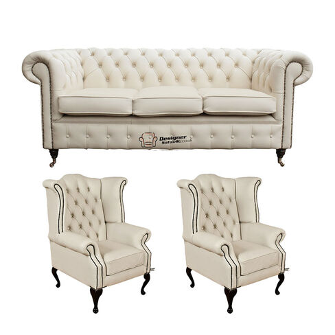 Chesterfield 3 Seater Sofa + 2 x Queen anne Chairs Leather Sofa Suite Offer Ivory