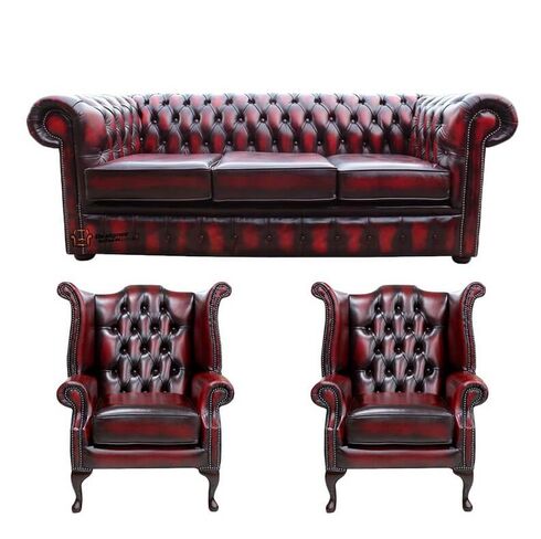Chesterfield 3 Seater Sofa + 2 x Queen Anne Chairs Leather Sofa Suite Offer Antique Oxblood
