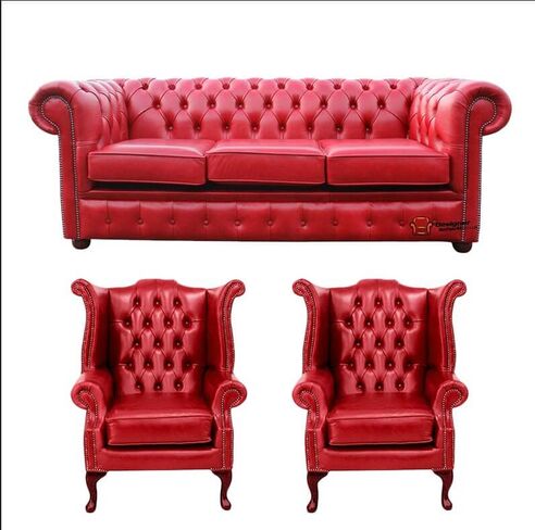 Chesterfield 3 Seater Sofa + 2 x Queen Anne Chairs Old English Gamay Red Leather Sofa Offer
