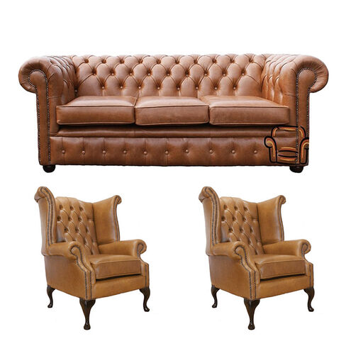 Chesterfield 3 Seater Sofa + 2 x Queen Anne Chairs Old English Tan Leather Sofa Offer