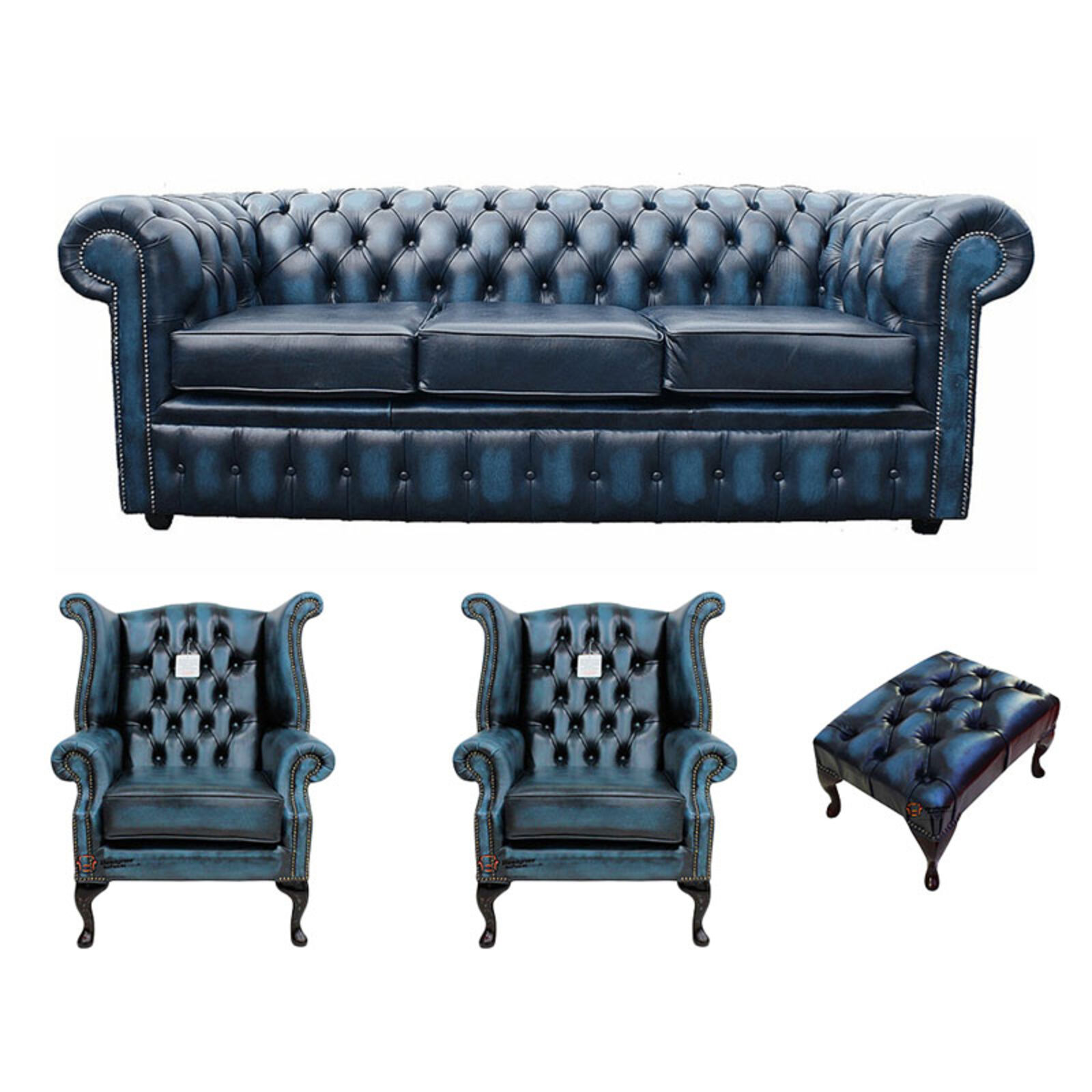 Product photograph of Chesterfield 3 Seater Sofa 2 X Queen Anne Chairs Footstool Leather Sofa Suite Offer Antique Blue from Designer Sofas 4U
