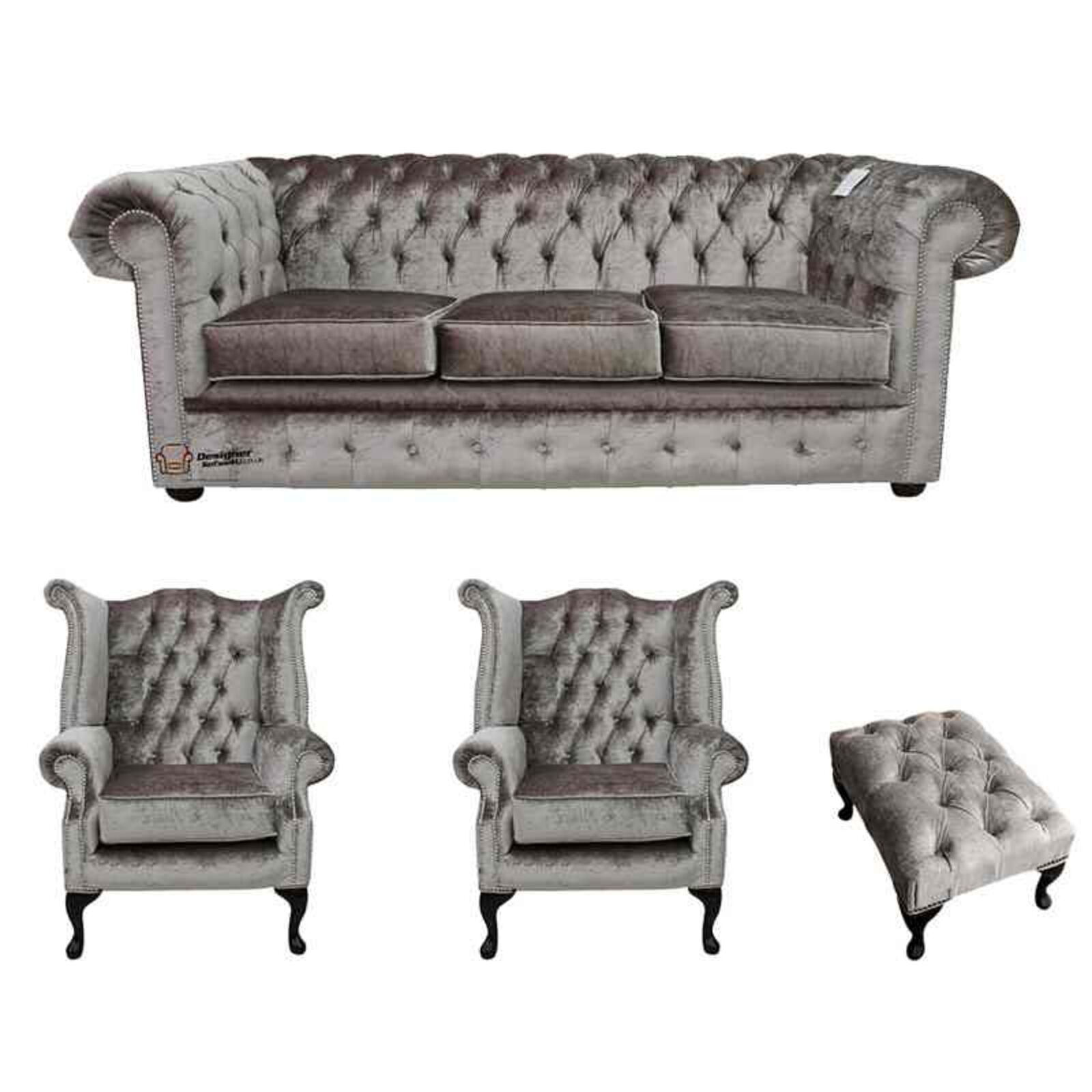 Product photograph of Chesterfield 3 Seater 2 X Queen Anne Chairs Footstool Boutique Beige Velvet Sofa Suite Offer from Designer Sofas 4U