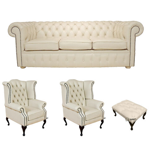 Chesterfield 3 Seater Sofa + 2 x Queen Anne Chairs+Footstool Leather Sofa Suite Offer Cottonseed Cream