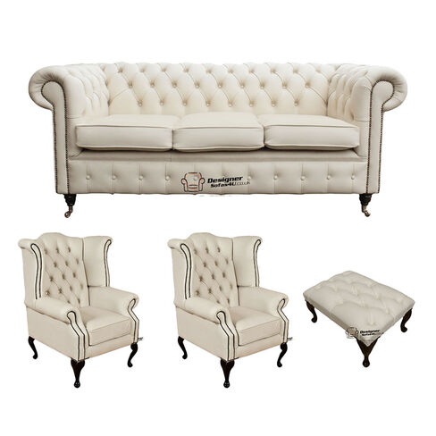 Chesterfield 3 Seater Sofa + 2 x Queen Anne Chairs+Footstool Leather Sofa Suite Offer Ivory