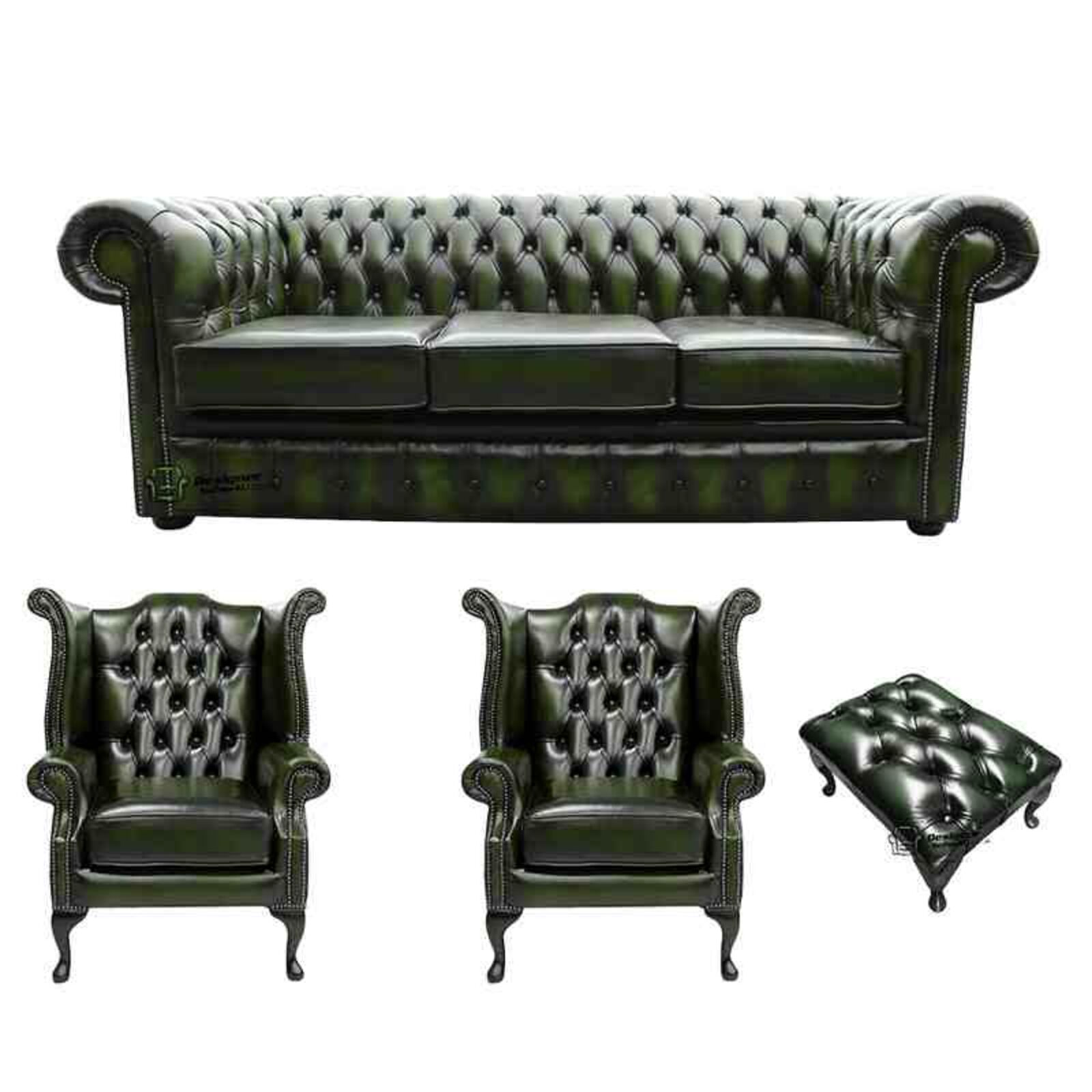 Product photograph of Chesterfield 3 Seater Sofa 2 X Queen Anne Chairs Footstool Leather Sofa Suite Offer Antique Green from Designer Sofas 4U