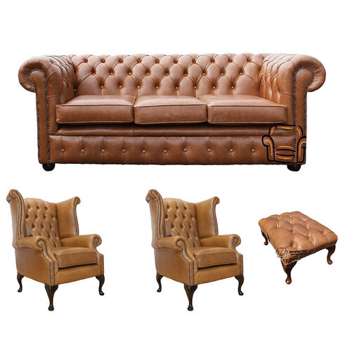 Chesterfield 3 Seater Sofa + 2 x Queen Anne Chairs + Footstool Old English Tan Leather Sofa Offer