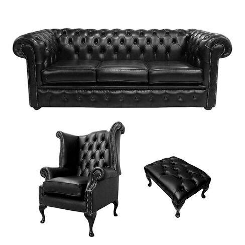 Chesterfield 3 Seater Sofa + Queen Anne Chairs + Footstool Old English Black Leather Sofa Offer