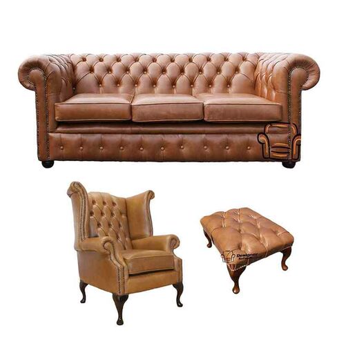 Chesterfield 3 Seater Sofa + Queen Anne Chairs + Footstool Old English Tan Leather Sofa Offer