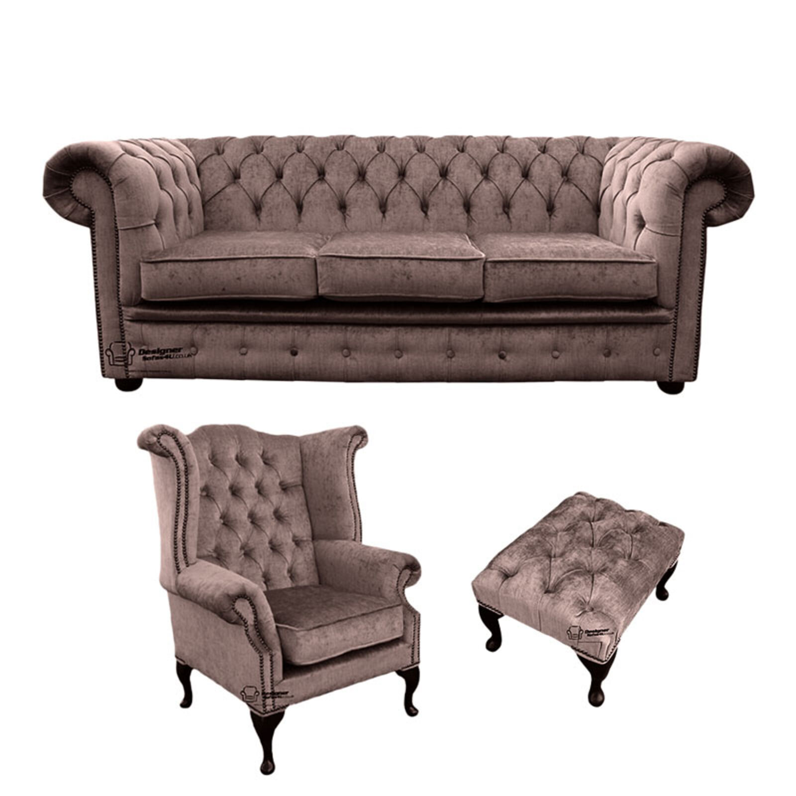 Product photograph of Chesterfield 3 Seater Sofa Queen Anne Wing Chair Footstool Harmony Charcoal Velvet Sofa Suite Offer from Designer Sofas 4U