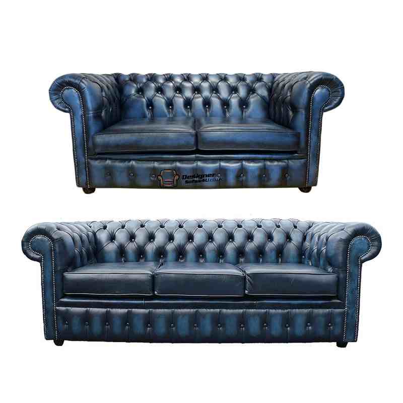 Product photograph of Chesterfield 3 2 Leather Sofa Offer Antique Blue from Designer Sofas 4U