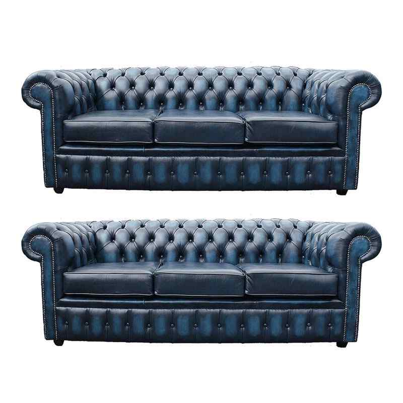 Product photograph of Chesterfield 3 3 Leather Sofa Offer Antique Blue from Designer Sofas 4U