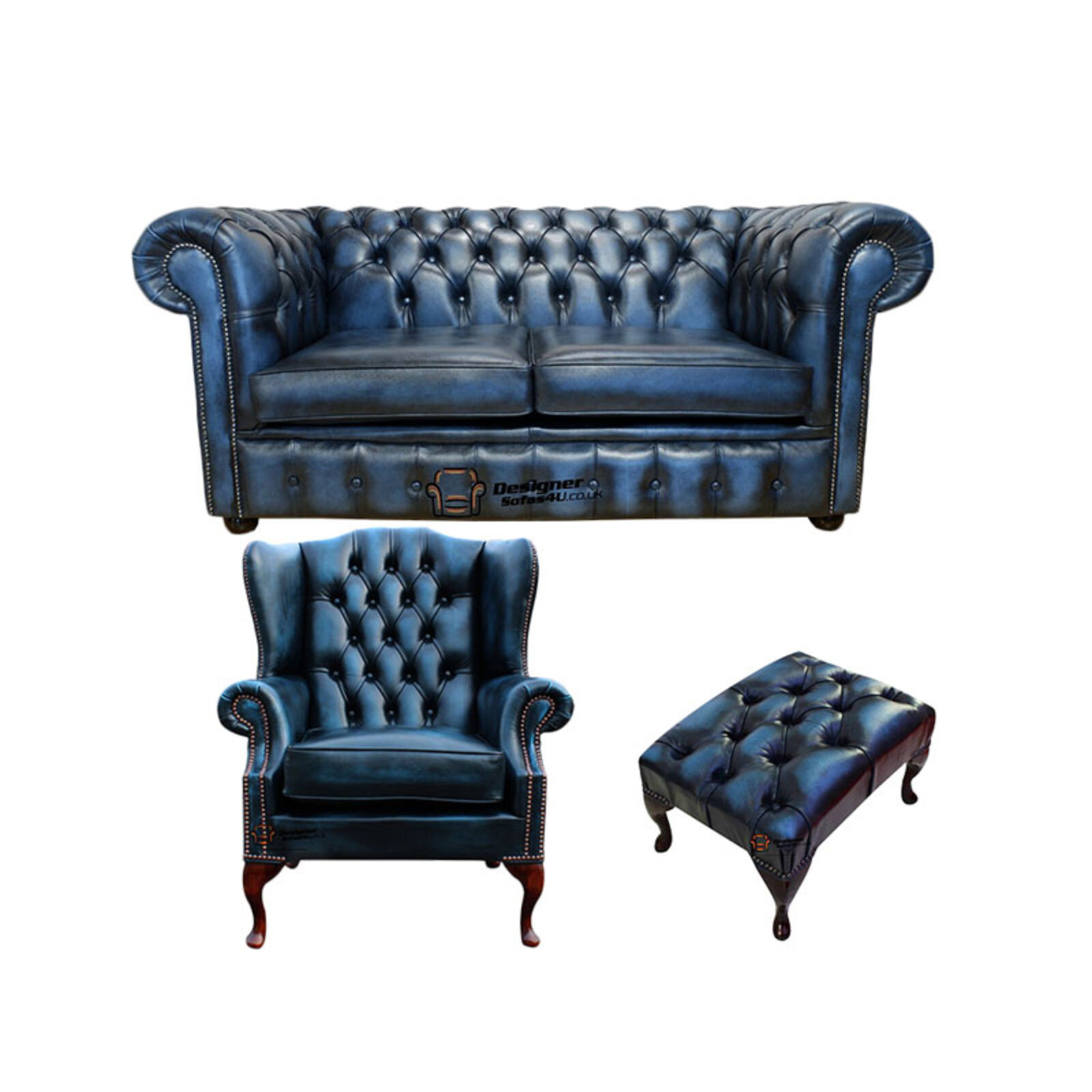 Product photograph of Chesterfield 2 Seater Sofa Mallory Wing Chair Footstool Leather Sofa Suite Offer Antique Blue from Designer Sofas 4U